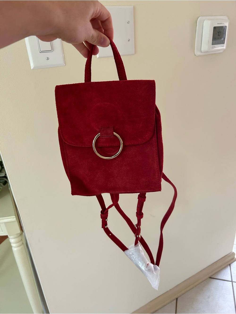 ASOS Red Suede Mini Backpack with Gold Ring Detail Brand New